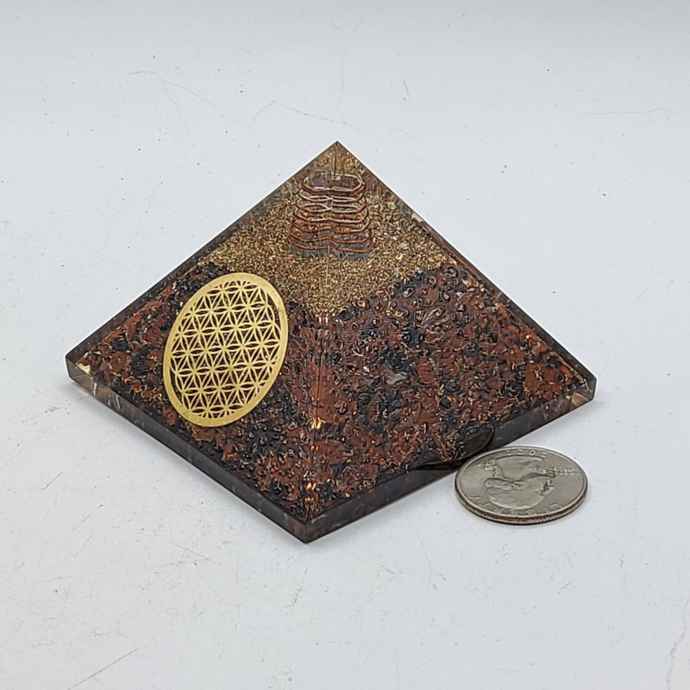 Mahogany Obsidian Orgonite Pyramid with Golden Flower of Life Symbol Meditation